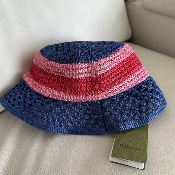 NWT GUCCI  Gg-Logo Striped Faux-Raffia Hat $750 SZ M Bucket Pink Blue Red - Picture 5 of 9
